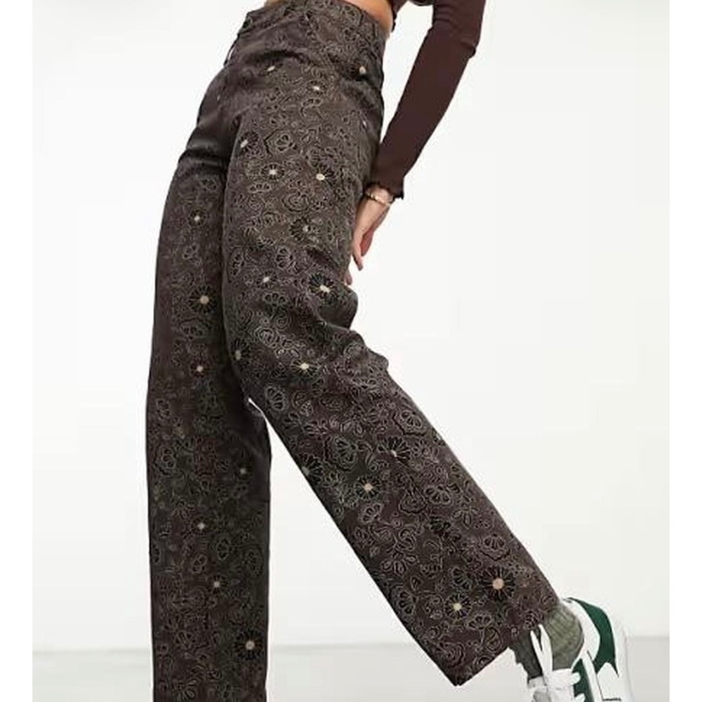 Dickies Womens Floral Paisley Canvas Carpenter Pants Brown Straight Leg Utility